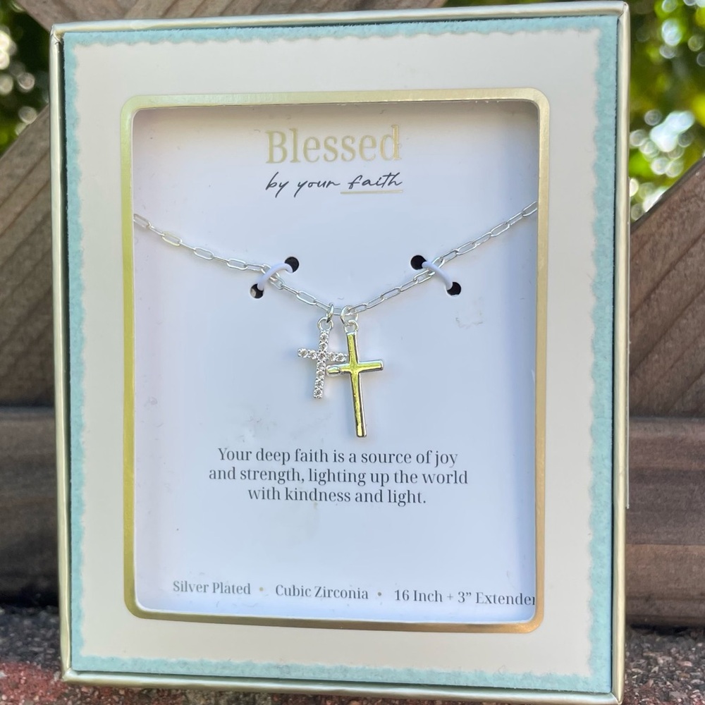 Silver Plated Cubic Zirconia Double Cross Necklace 16"